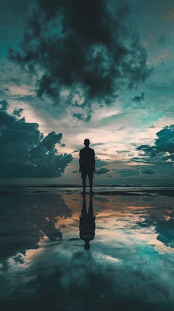 Foto um homem está em uma poça de água com o céu refletido nela