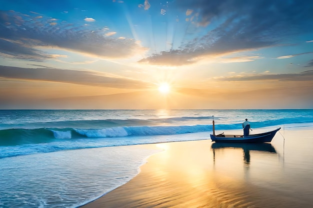 Um homem está em uma praia com um barco em primeiro plano e o sol está se pondo atrás dele.