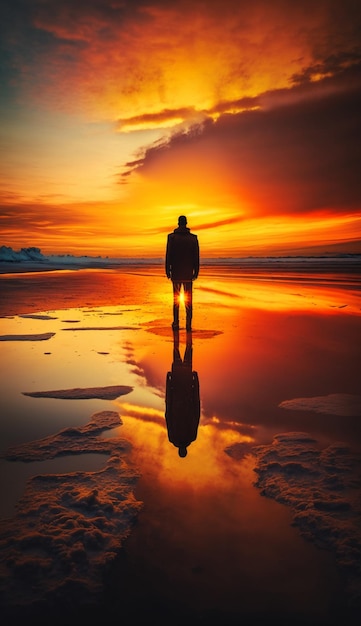 Um homem está em uma praia com um pôr do sol ao fundo.
