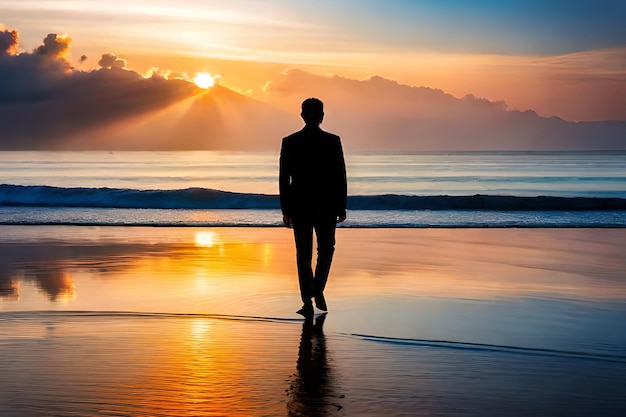 Um homem está em uma praia em frente a um pôr do sol
