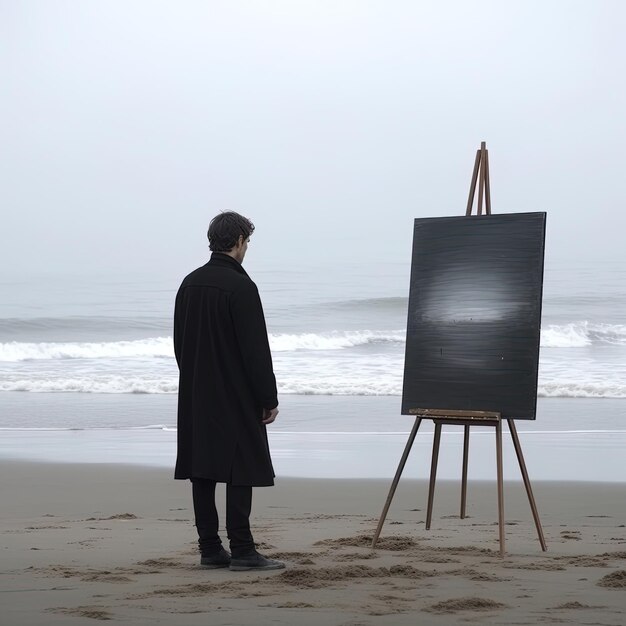 Foto um homem está em uma praia olhando para um quadro preto que diz a palavra nele