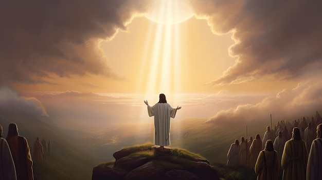 Um homem está em uma rocha em frente a uma nuvem que diz jesus nela.