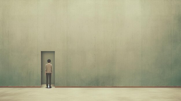 Um homem está em uma sala com uma parede que diz 'a porta'