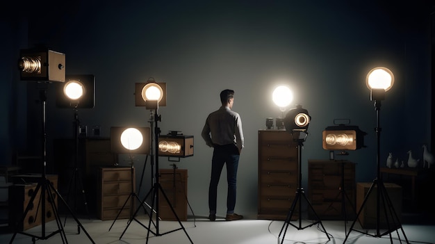 Um homem está em uma sala escura com um conjunto de luzes e uma luz na parede.