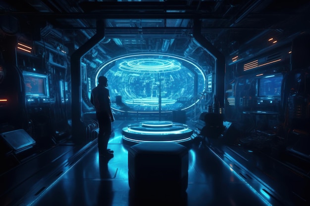 Um homem está em uma sala escura com uma luz azul que diz 'cyberpunk' nela
