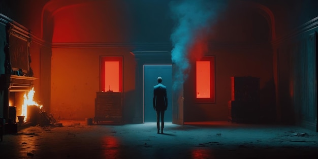 Um homem está em uma sala escura com uma porta azul que diz 'the dark side'