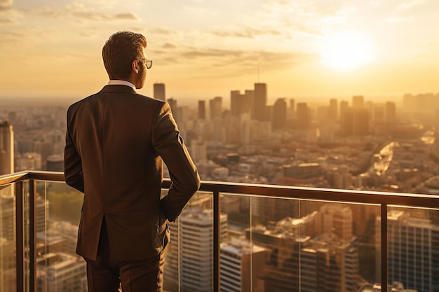 Um homem está em uma varanda com vista para o horizonte de uma cidade.