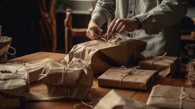 Um homem está embrulhando um presente com papel pardo e amarrado com um barbante.