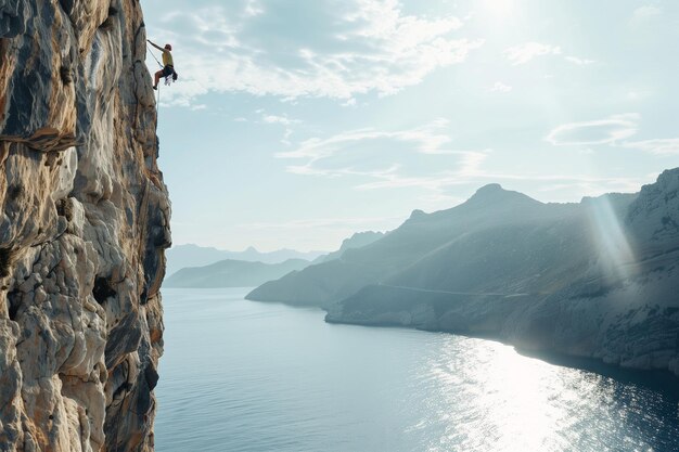 Um homem está escalando uma face de rocha com uma vista de um corpo de água abaixo