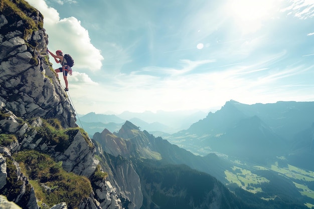 Um homem está escalando uma montanha com uma mochila