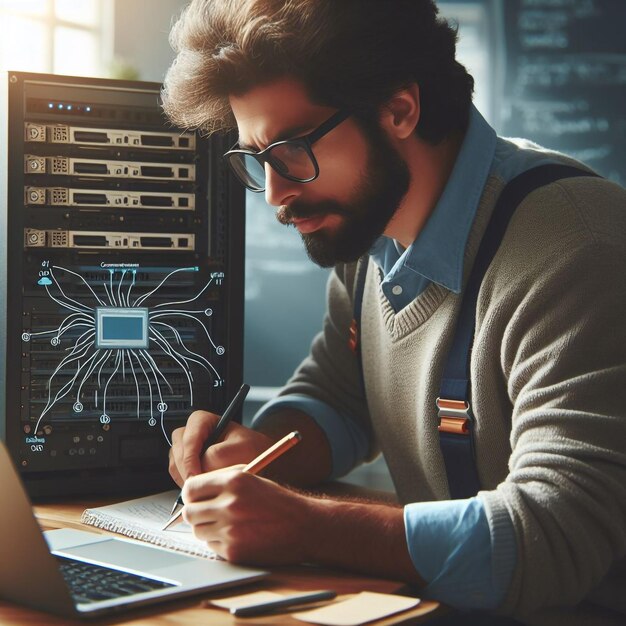 Foto um homem está escrevendo em um laptop com uma tela que diz saída