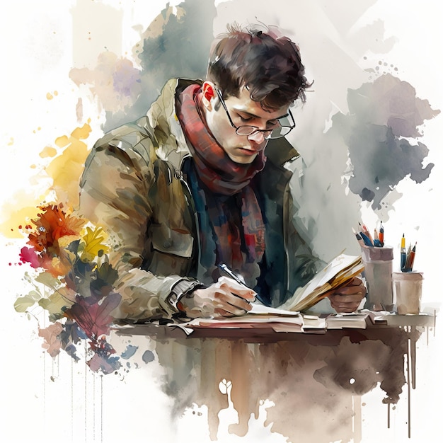 Um homem está escrevendo em um livro e desenhando com lápis.