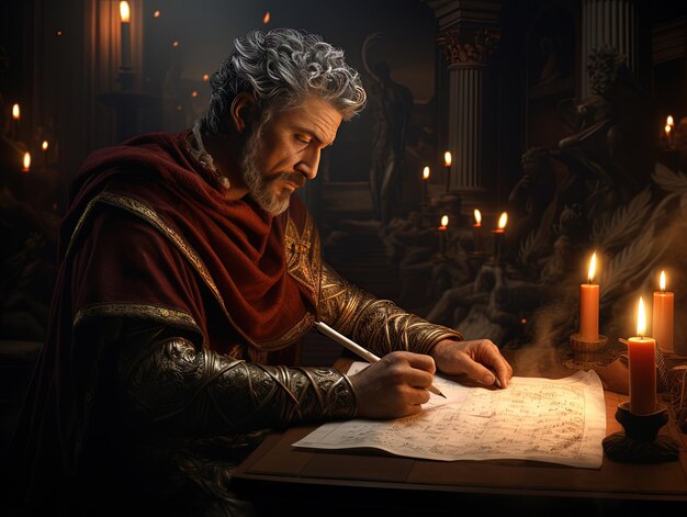 um homem está escrevendo em um pedaço de papel com uma caneta e uma caneta