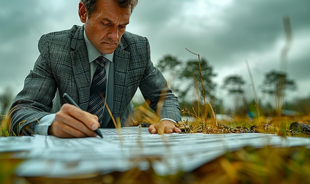 um homem está escrevendo em um pedaço de papel com uma caneta na mão