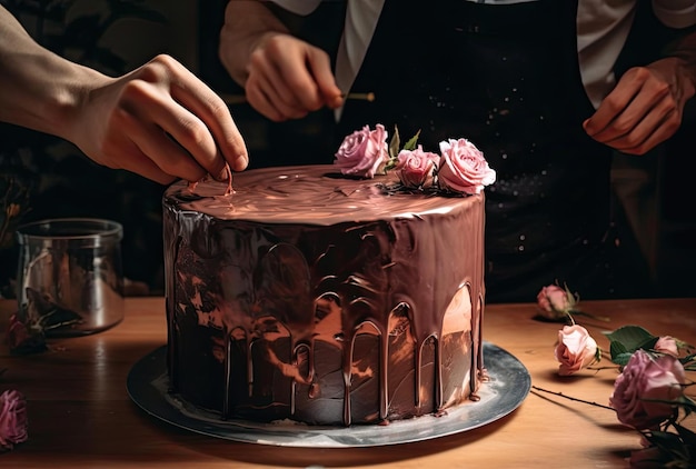 um homem está fazendo bolo de chocolate com rosas no estilo de laranja escuro e bege claro