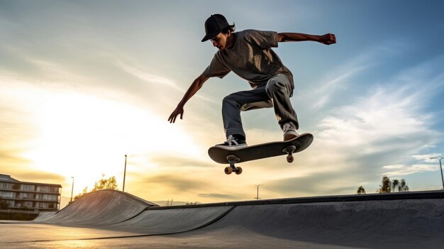 um homem está fazendo uma manobra em um skate no ar.