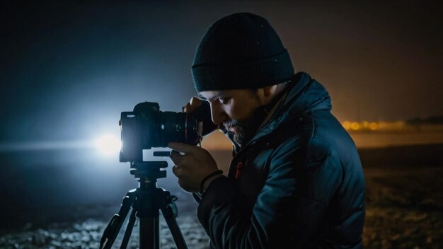 Foto um homem está gravando uma câmera de vídeo com uma câmera na frente dele