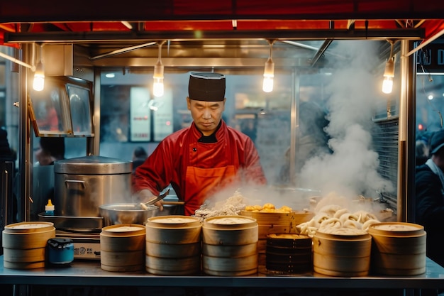 Um homem está habilmente cozinhando comida em uma churrasqueira criando pratos deliciosos com precisão e controle Dim sum vendendo caminhão de comida em uma Chinatown urbana AI Gerado