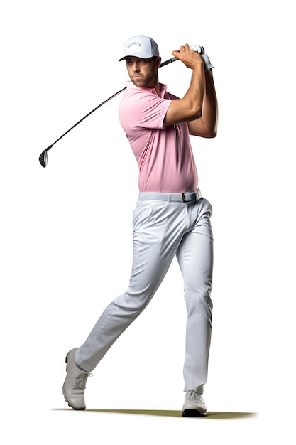 um homem está jogando golfe e está vestindo uma camisa rosa.