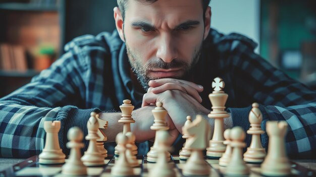 Um homem está jogando xadrez ele está olhando para o tabuleiro atentamente tentando decidir seu próximo movimento as peças de xadrez são feitas de madeira