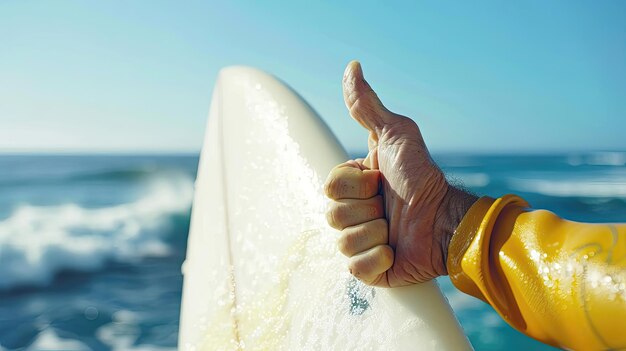 Foto um homem está levantando o polegar enquanto segura uma prancha de surf