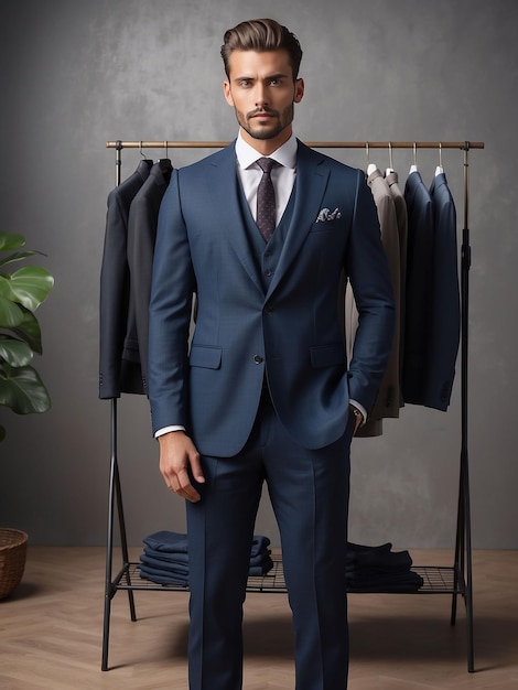 Um homem está modelando em um terno com um rack de roupas atrás dele