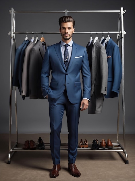 Um homem está modelando em um terno com um rack de roupas atrás dele