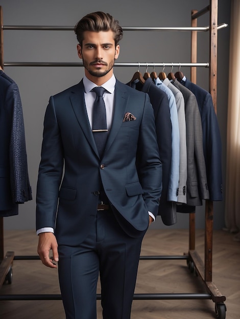 Um homem está modelando em um terno com um rack de roupas atrás dele