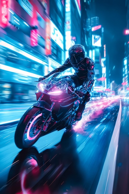 Foto um homem está montando uma motocicleta em uma cidade à noite