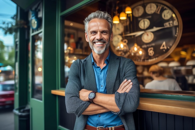 Um homem está na frente de um bar