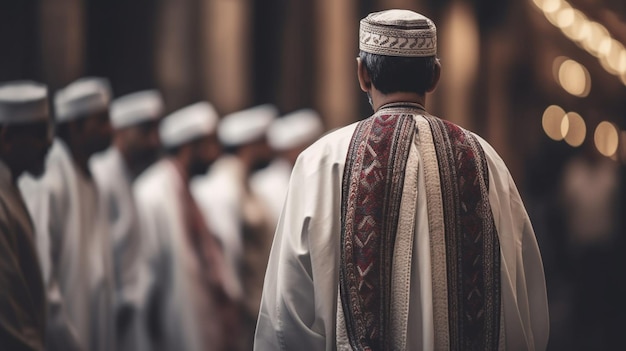 Um homem está na frente de um grupo de homens vestindo roupas tradicionais.