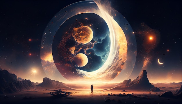 Um homem está na frente de um planeta com dois planetas no centro.