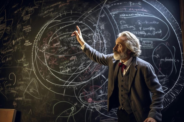 Um homem está na frente de um quadro-negro com as palavras "ciência" nele.