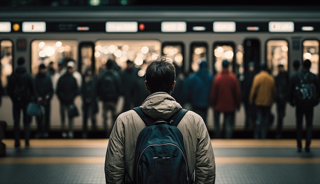 Um homem está na frente de um trem com uma mochila nele.