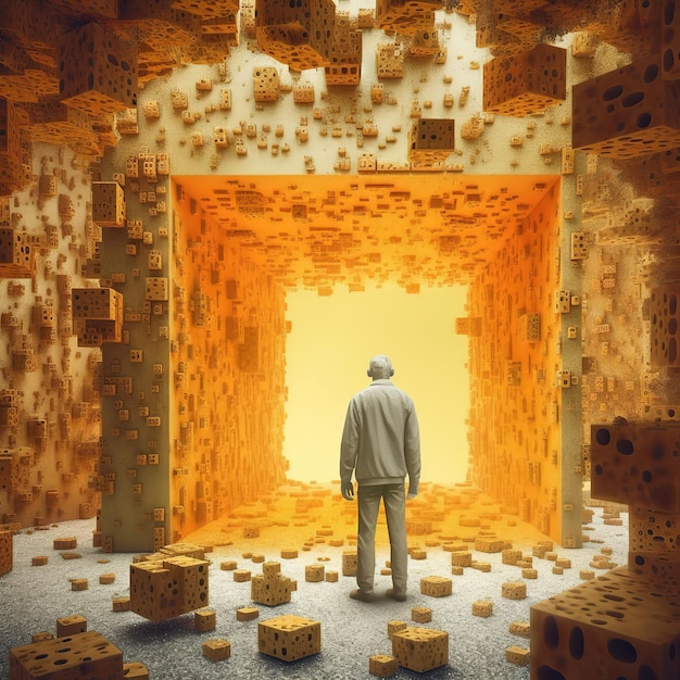 Um homem está na frente de um túnel que tem a palavra cubos nele.