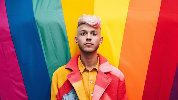 Foto um homem está na frente de uma bandeira do arco-íris.