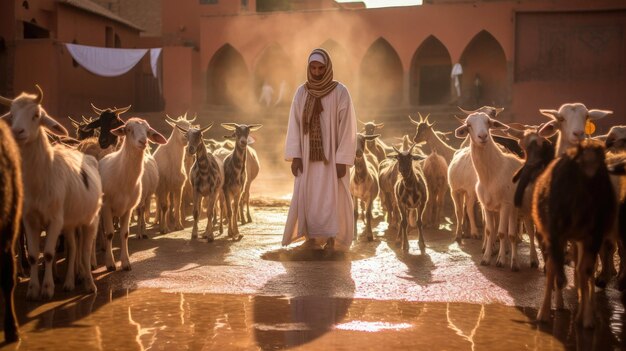 um homem está na frente de uma manada de camelos.