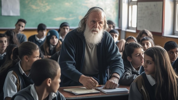 Um homem está na frente de uma sala de aula cheia de alunos.