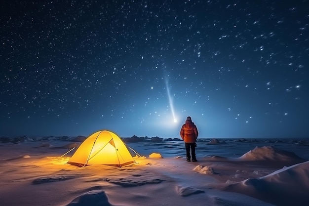 Um homem está na frente de uma tenda com uma estrela no céu atrás dele.