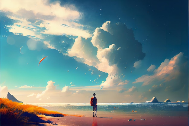 Um homem está na praia olhando para o céu com nuvens e uma prancha de surf.