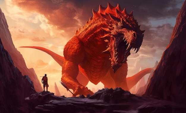um homem está na rocha ao lado de um dragão extremamente grande no estilo de pintura digital