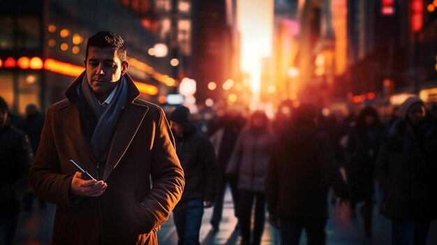 Foto um homem está na rua com uma multidão de pessoas caminhando ao fundo