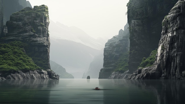 Foto um homem está nadando em um lago cercado por montanhas