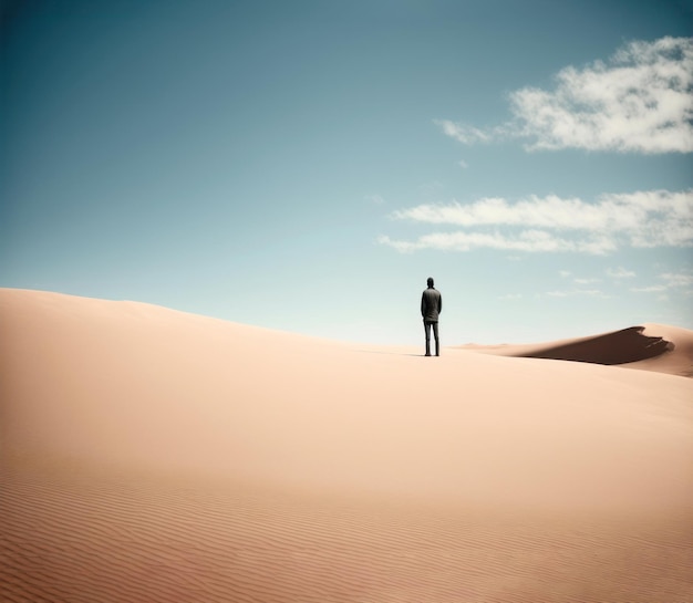Um homem está no deserto com um céu azul ao fundo.