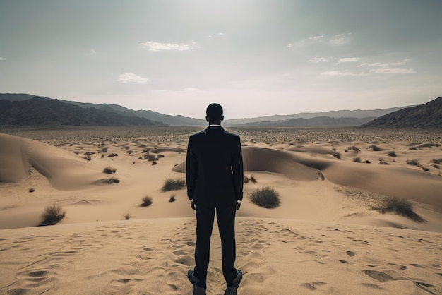 Um homem está no deserto olhando para o horizonte.