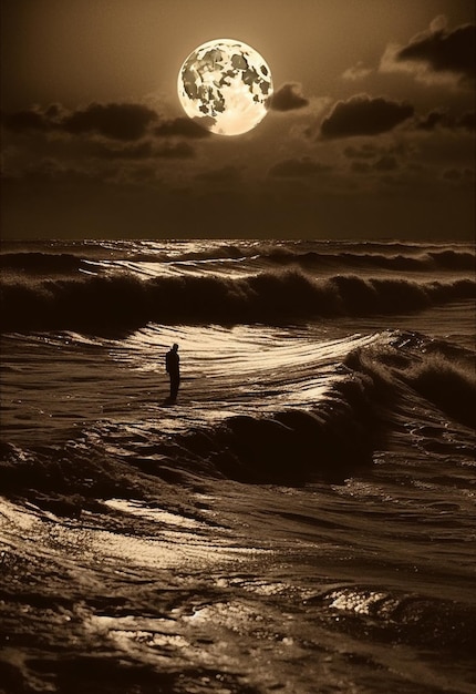 Foto um homem está no oceano com a lua atrás dele.