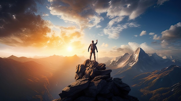 Um homem está no pico de uma montanha com o sol se pondo atrás dele.