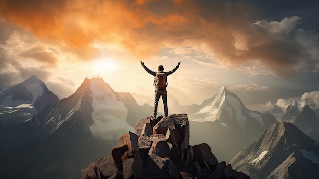 Um homem está no topo de uma montanha com o sol atrás dele.