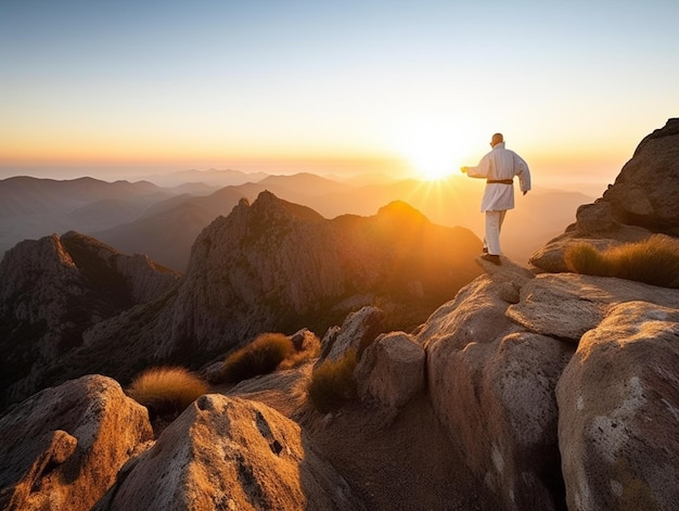 Um homem está no topo de uma montanha com o sol se pondo atrás dele.