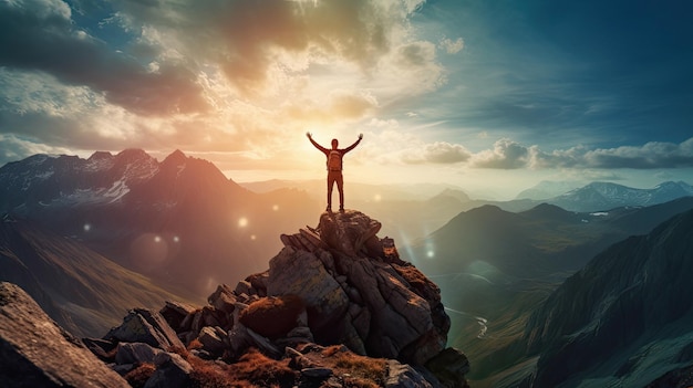 um homem está no topo de uma montanha com os braços levantados acima do topo.